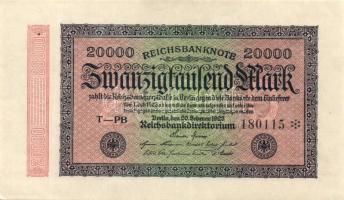 Német Birodalom / Weimari Köztársaság 1923. 20.000M (2x) variáns "Hakensterne" vízjellel, hatjegyű sorszámmal T:I