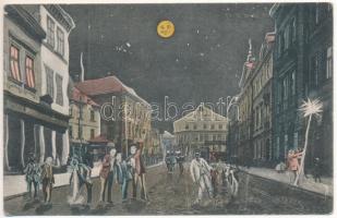 Tarnów w nocy, Droghery, Jozef Kulig, W. Brac. / street at night, shops, drugstore. Montage with drunk men (crease)