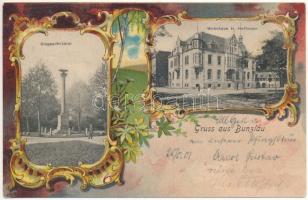 1901 Boleslawiec, Bunzlau; Wohnhaus H. Hoffmann, Siegesdenkmal. Verlag Alwin Wende / castle, military heroes monument. Art Nouveau, litho (fl)