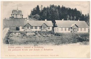 Skhidnytsia, Schodnica (Drohobych); Szkola polska i kosciol. Fot. Borówka, Verlag von Leon Rosenschein / Polnische Kirche und Schule / Polish church and school