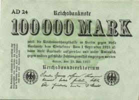 Német Birodalom / Weimari Köztársaság 1923. 100.000M (3x) variáns "Hakensterne" vízjellel ...