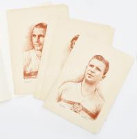 Különféle művészek, össz. 12 db mű: Az Aranycsapat tagjairól (Puskás, Bozsik, Grosics, Kocsis, Hidegkuti, Buzánszky, Czibor stb.), Szepesi Györgyről készült portré. Litográfia, papír. Mindegyik elzett. Többségében lapszéli elszíneződésekkel vagy apró foltokkal, máskülönben jó állapotban. Lapméret: 42,5x30,5 cm.