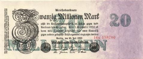 Német Birodalom / Weimari Köztársaság 1923. 20.000.000M cégnyomat hatjegyű sorszámmal, piros cégjelzéssel T:I-