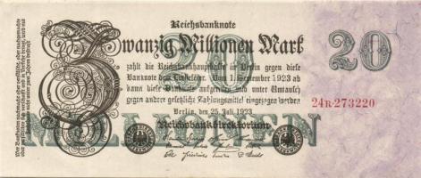 Német Birodalom / Weimari Köztársaság 1923. 20.000.000M (2x) cégnyomat hatjegyű, egymáshoz közeli sorszámokkal, piros cégjelzéssel T:I,I-