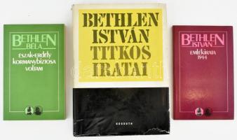 3 db könyv: Bethlen István titkos iratai. Az iratokat sajtó alá rendezte, a bevezetőt és a magyarázatokat írta: Szinai Miklós és Szűcs László. Bp., 1972, Kossuth. Kiadói egészvászon-kötés, sérült kiadói papír védőborítóban. + Bethlen István emlékirata 1944. + Bethlen Béla: Észak-Erdély kormánybiztosa voltam. Sajtó alá rendezte: Romsics Ignác. Bp., 1988-1989, Zrínyi. Kiadói papírkötés.