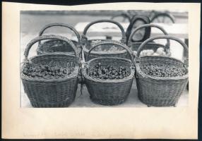 1964 Horváth Lajos fotóművész jelzés nélküli, vintage fotóművészeti alkotása (A gyulai piacon), ezüst zselatinos fotópapíron, albumlapra felragasztva, 14x24 cm