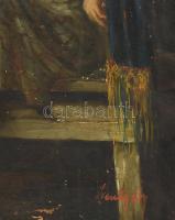 Szentgály jelzéssel, 1920-40 körül: A hölgy és a harmonikás. Olaj, vászon. Sérült. Dekoratív, kissé ...