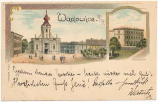 1898 (Vorläufer) Wadowice, Rynek, Gimnazium / square, church, school. Fr. Foltin Art Nouveau, litho (fl)