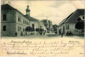 1901 Trencsénteplic, Trencianske Teplice; Park utca, üzletek. Edgar Schmidt kiadása / street view, shop (kis szakadás / small tear)