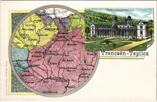 Trencsénteplic, Trencianske Teplice; Gyógyterem, fürdő, térkép. Wertheim Zsigmond kiadása / spa, bath, map. Art Nouveau, litho