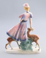 Hölgy őzekkel. Mázas fajansz, jelzett, kis sérülésekkel, m: 29 cm