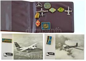 11db-os jelvénytétel, benne "Turbolet-410" és "LET L-13" repülős jelvények fényképpel, illetve "OMNIPOL" 4xklf jelvény, "Danuvia Hungary" műgyantás fém jelvény, stb. T:AU