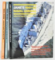 Jane's 1981-82 Naval Annual. + Jane's 1982-83 / 1983-84 Naval Review. (3 kötet). Edited by Captain John Moore RN. London, 1981-1983, Jane's Publishing Co. Ltd. Gazdag fekete-fehér képanyaggal illusztrálva. Angol nyelven. (Benne többek közt a Falkland-szigeteki háborúval kapcsolatos írásokkal). Kiadói kartonált papírkötés.