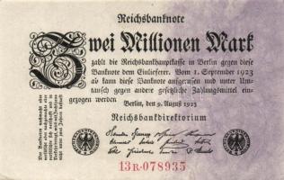 Német Birodalom / Weimari Köztársaság 1923. 2.000.000M (2x) variáns jobb oldalon lila színnel T:I