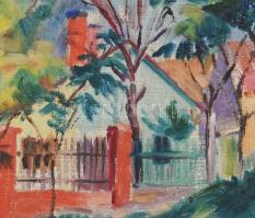 Puxbaum Jenő (1909-1990): Színes utca. Olaj, vászon, jelezve jobbra lent. 55x67,5 cm. Fakeretben