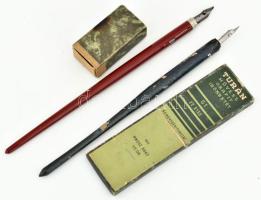 Vegyes írószer tétel: 2 db tollszár (egy L.&C. Hardtmuth), egy doboz tollhegy, Turán művész grafit irónbetét doboz néhány darab betéttel