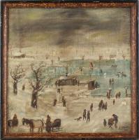 Feiks Jenő (1878-1939): Téli élet. Olaj, vászon, jelezve jobbra lent. Apró sérüléssel. Kissé foltos. Fakeretben. 51x51 cm.