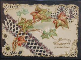 cca 1900 Dekoratív dombornyomott litho újévi üdvözlőkártya / Embossed litho New Year greeting-card 13x9 cm