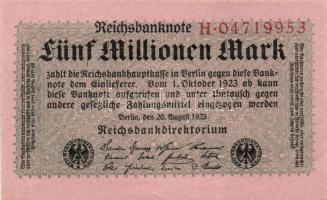 Német Birodalom / Weimari Köztársaság 1923. 5.000.000M (2x) birodalmi nyomat, kis ugrású sorszámokkal T:I-