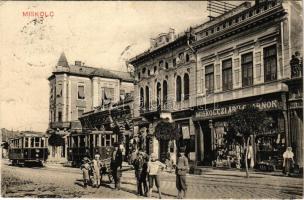 1912 Miskolc, utca villamosokkal, Miskolczi Árú Csarnok, Bartos Jakab és Stern Nándor üzlete (EK)