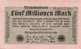 Német Birodalom / Weimari Köztársaság 1923. 5.000.000M (2x) cégnyomat piros cégjelzéssel T:I,I-
