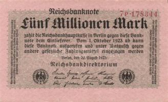 Német Birodalom / Weimari Köztársaság 1923. 5.000.000M (2x) cégnyomat piros cégjelzéssel T:I,I-