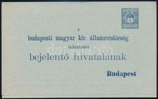 1902 5f díjjegyes rendőrségi bejelentő lap, használatlan / Change of address PS-card, unused