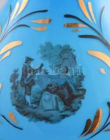 Antik kéküveg lámpatalp / lámpatest, historizáló jelenettel díszítve, jelzés nélkül, hibátlan, m:30,...
