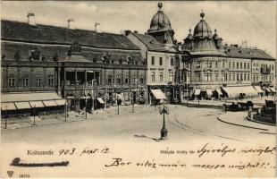 1903 Kolozsvár, Cluj; Mátyás király tér, Böckel, Jeney Lajos és Reményik L. és fiai üzlete / square, shops (EK)