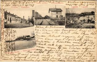 Titel, Fő utca, Vasúti indóház, vasútállomás, Tisza-parti részlet, lagúnák. Nonnenmacher Endre kiadása / Hauptgasse, Eisenbahnstation, Lagunen, Theis-Ufer-Partie / main street, railway station, Tisza riverside, lagoons