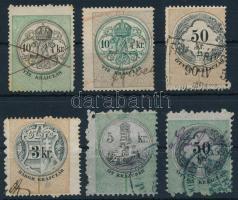 6 db okmánybélyeg elfogazva / fiscal stamps with shifted perforation