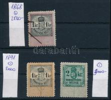 1868-1891 3 db okmánybélyeg / fiscal stamps