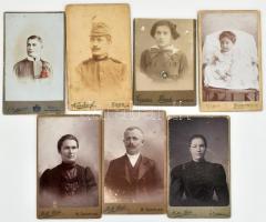 cca 1900-1910 Vegyes portrék, közte két katonafotó, össz. 7 db keményhátú fotó, klf. műtermekből (Róth Béla, Parisien fényirda, stb.), változó méretben és állapotban