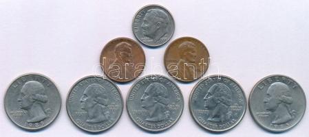 Amerikai Egyesült Államok 1966-1986. 1c bronz Lincoln (2xklf) + 1985P 25c (2x) + 1996P 10c (1d) Roosevelt + 2004-2006. 25c Szövetségi Államok (3xklf) T:XF,VF USA 1966-1986. 1 Cent bronze Lincoln (2xdiff) + 1985P 25 Cents (2x) + 1996P 10 Cents (1 Dime) Roosevelt + 2004-2006. 25 Cents 50 State Quarters (3xdiff) C:XF,VF