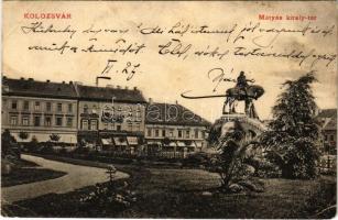 1909 Kolozsvár, Cluj; Mátyás király szobor, Erdélyi Bank, drogéria, Tamási üzlete. Fabritius Erik és társa kiadása/ monument, bank, drugstore, shop (EK)