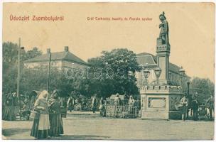 1912 Zsombolya, Hatzfeld, Jimbolia; Gróf Csekonics kastély és Flórián szobor, piac. W.L. Bp. 1992. / castle, statue, market (EK)