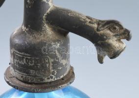 Sajószentpéter Rosenthal Adoldné szikvízgyára kék szódásüveg madárfejes fejjel (Giczey Juliska, Vatt...