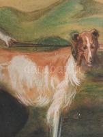 Olvashatatlan jelzéssel: Kalapos hölgy agárral, 1920. pasztell, papír. 50x35,5 cm. Dekoratív, üvegez...