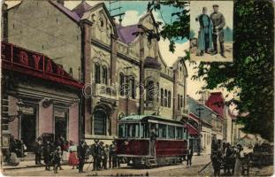 1916 Újvidék, Novi Sad; Trandafilk épület a Búza téren, villamos, gyár üzlete. Singer J. fényképész kiadása / shop, tram (EK)