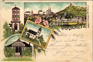 1898 (Vorläufer) Versec, Werschetz, Vrsac; Wasserturm, Bergkapelle, Schiesstätte / Víztorony, kápolna, Polgári lövölde / water tower, chapel, shooting hall. J. E. Kirchner Art Nouveau, floral, litho (EK)