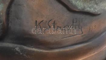 Kisfaludi Strobl Zsigmond (1884-1975): Fürdőző nő. Patinázott bronz, márvány talapzaton. Jelzett, 1/...