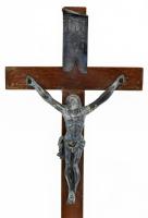 Asztali antik fa feszület fém korpusszal 43 cm