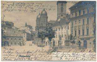 1905 Pozsony, Pressburg, Bratislava; Rybne namestie / Hal tér, zsinagóga, Szentháromság szobor / square, synagogue, Trinity statue. photo (fl)
