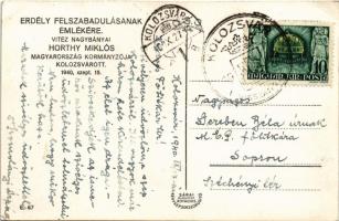 1940 Kolozsvár, Cluj; bevonulás, Horthy Miklós, magyar zászlók, Gilovics Papszt. Sárai E. 67. / entr...