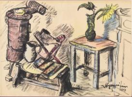 Nyergesi János (1895-1982): Enteriőr, 1917. Tus, akvarell, papír, jelzett, üvegezett fakeretben. 30x42 cm.