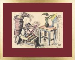 Nyergesi János (1895-1982): Enteriőr, 1917. Tus, akvarell, papír, jelzett, üvegezett fakeretben. 30x...