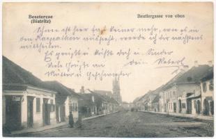 1915 Beszterce, Bistritz, Bistrita; Beutlergasse von oben / Erszény utca, üzletek / street view, shops (EK)