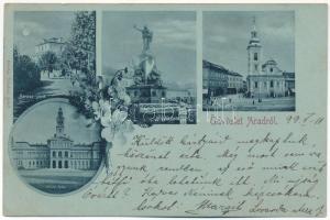 1899 (Vorläufer) Arad, Baross park, Vértanúk szobra, Római katolikus templom, Városháza. Révész Nándor kiadása / park, monument, Catholic church, town hall. Floral (EK)