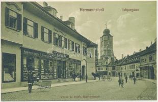 Nagyszeben, Hermannstadt, Sibiu; Reispergasse / Reisper utca, W. Krafft könyvnyomdája, üzlete és saját kiadása / street view, publisher&#039;s shop