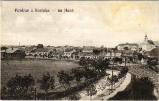 Kostelec na Hané, Kosteletz in der Hanna; general view, catholic church, school, railway, vagones. Nakl. Josef Cerny (fl)